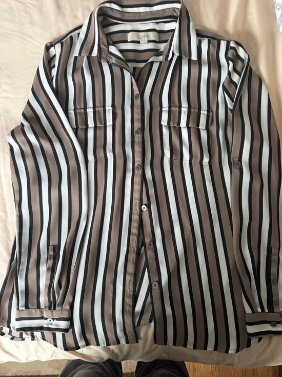 LOFT Taupe, Black & White Vertical Stripe Button-Up Blouse - Picture 2 of 2